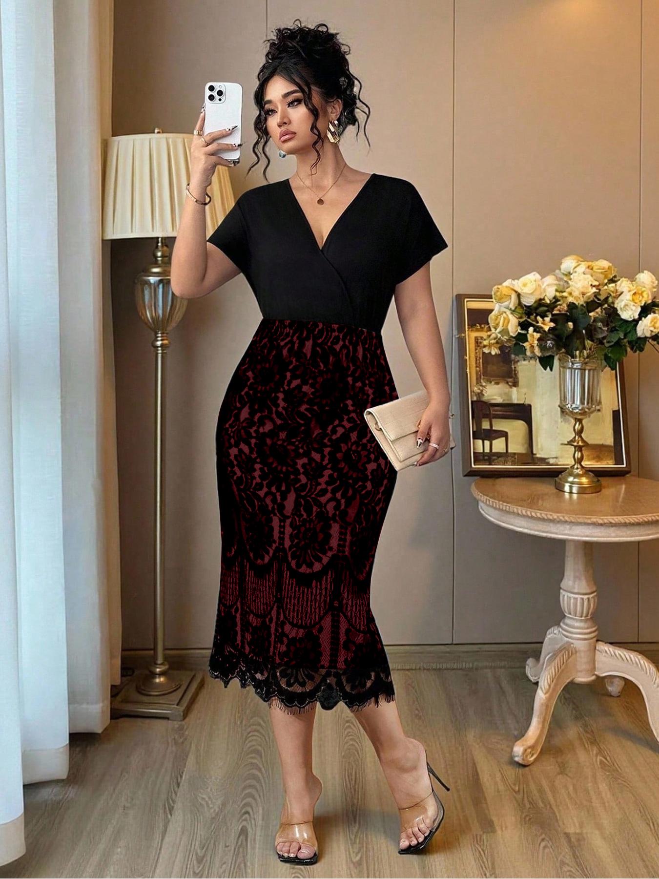 【Plus Size】 Solid V Neck A Line Fitted Dress, Elegant Chic Bishop Sleeve Patchwork Dress for Party Holiday Wedding Guest, Women's Clothes for Spring & Fall