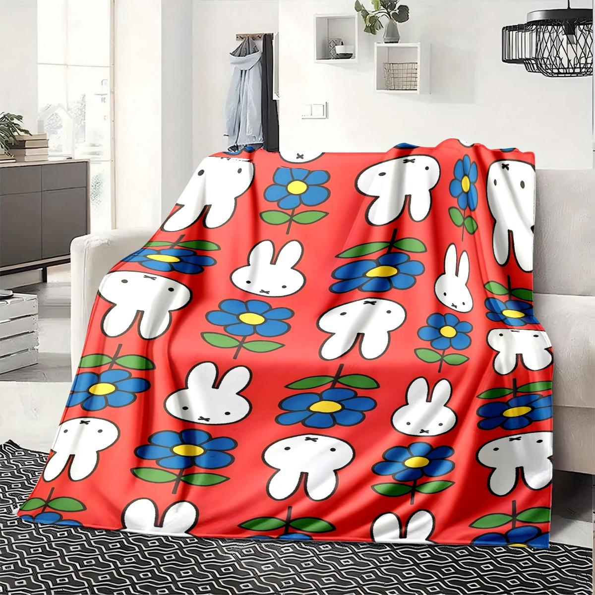 Miffy Rabbit Floral Flannel Cozy Blanket, Soft Lightweight Warm, 100% Fiber, Perfect for Bed Sofa Office Camping Travel Gift