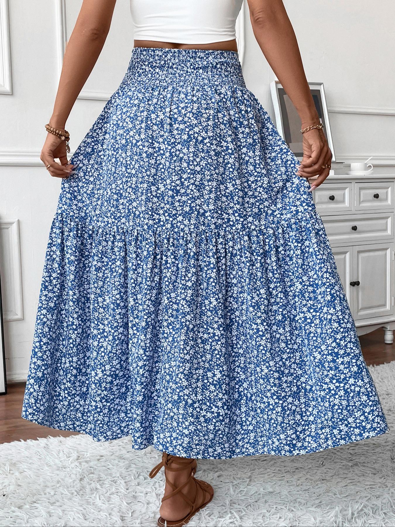 Women's Floral Chic Casual A-Line Ruffled Skirt, Elastic Waist Pockets, Leaf Hem, Long Fitted Skirt, Fashionable Mid-Length Dress