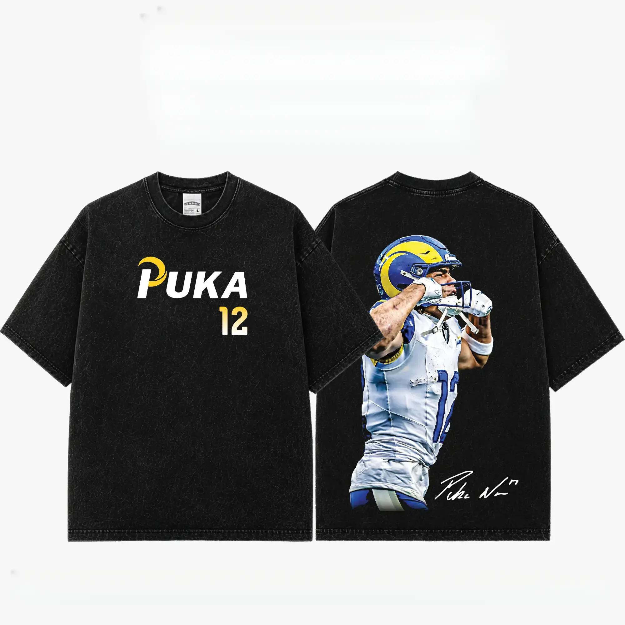 [Sale Up To 50%] Unisex Short-Sleeve Puka Nacua #12 "Playoff Mode" Premium Acid Washed Cotton T-Shirt (Made in USA), Heavyweight Vintage Graphic Tee, Rams House Football Fan Game Day Outfit, Oversized Streetwear Gift, Shortsleeve, Tshirt, Top