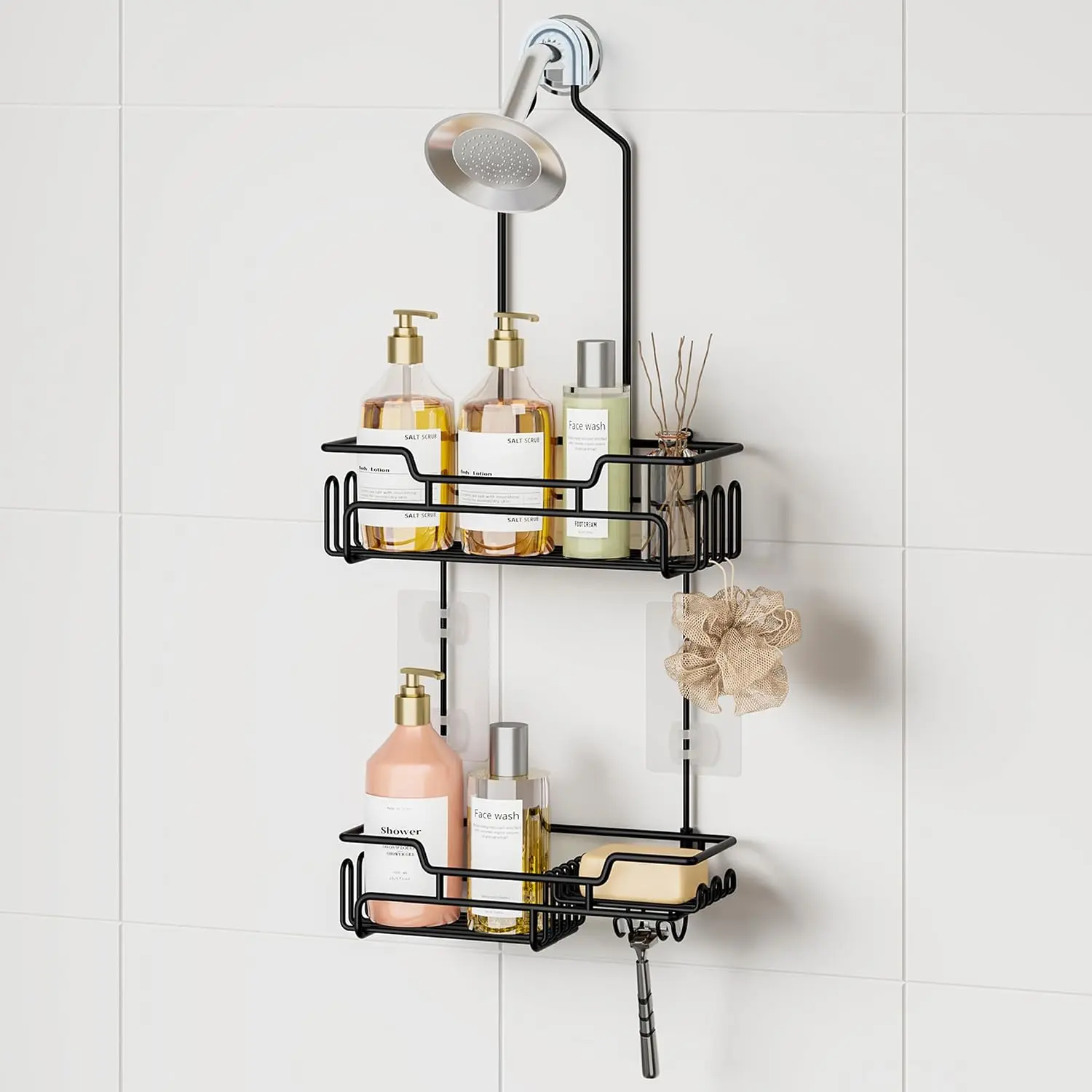 Bathroom Shower Caddy Hanging - Extended Length 2 Tier Rustproof Over Shower Head Organizer, No Drilling Bathroom Shelf with 14 Hooks & Soap Holder, Anti-Swing Rack, Black, Medium