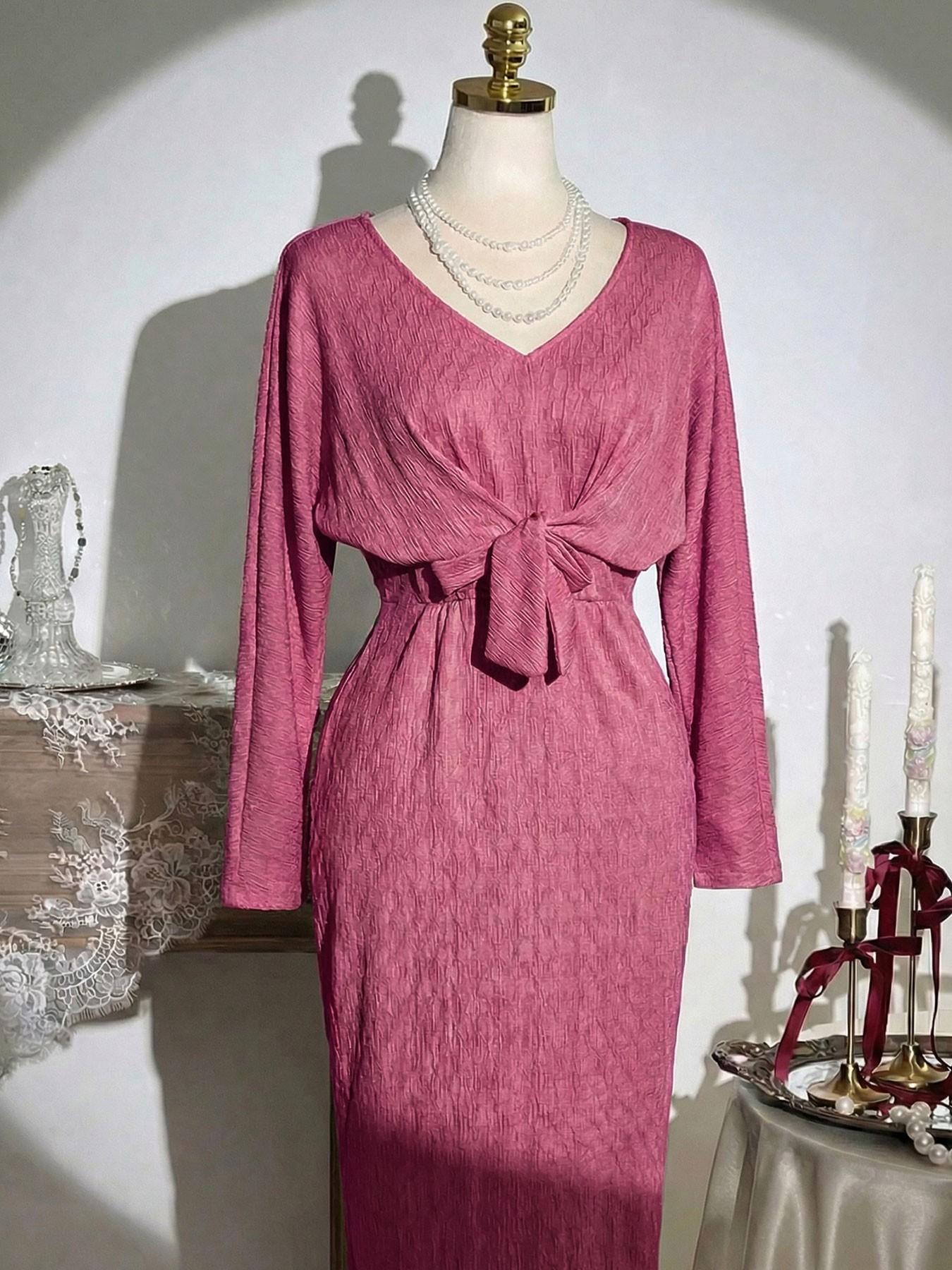 Plus Size Elegant Dress – V Neck Tie Waist Long Sleeve Gown, Party Evening Essential, Slim Fit, Spring & Fall Fashion