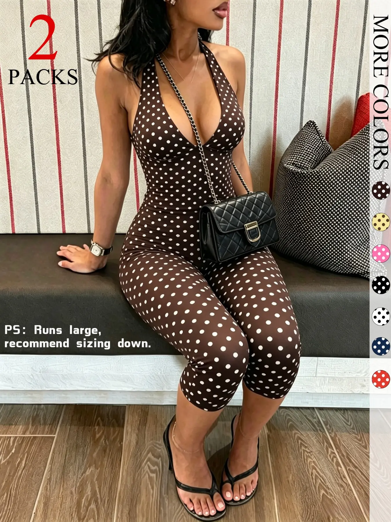 2-Pack Women's Polka Dot Halter Neck Top & Capri Pants Set, Slim Fit Casual Everyday Set Summer Outfits, Trendy Boho Chic Bohemian Streetwear for Daily Wear & Vacation