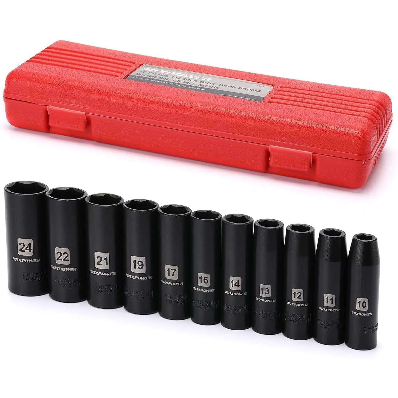 11-Piece 1/2-Inch Drive Deep Impact Socket Set, CR-V, Metric, 6 Point, Deep, 10-24mm