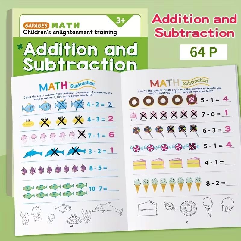 64 Pages Mental Math Workbook Set, Addition & Subtraction Up to 10, Suitable for 3-6 Years Old, Fun Learning Activities for Classroom & Home