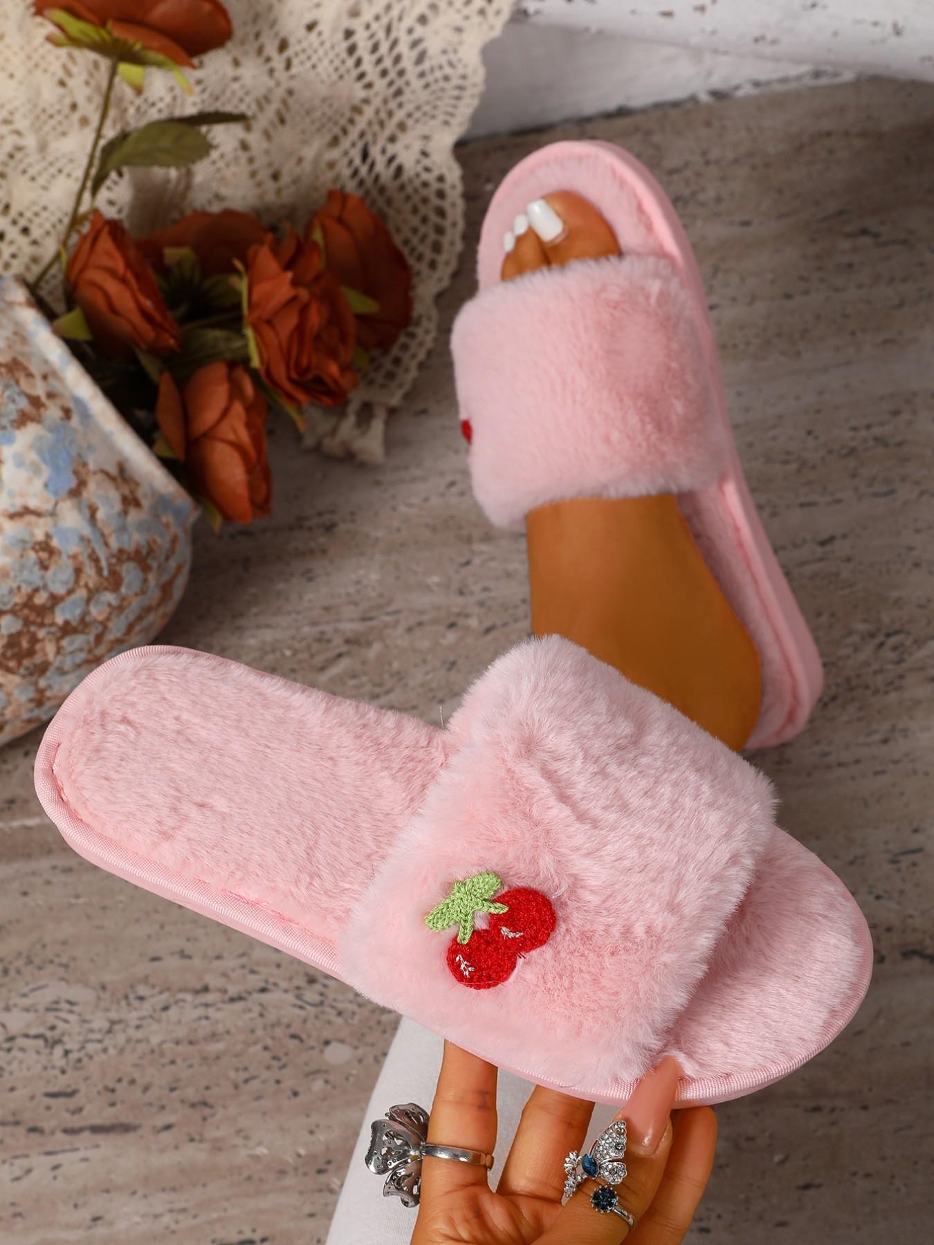 Cute Cherry Plush Casual Women's Slippers, Comfortable Indoor Warm Shoes, Fashion Home Footwear, Soft Textile Upper, Rubber Sole
