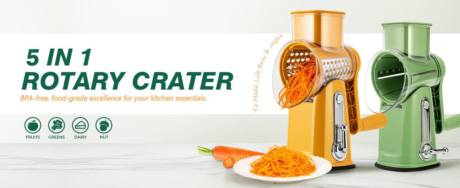 SUSTEAS Yellow Rotary Vegetable Slicer – 5 BPA-Free Stainless Steel Blades, Easy-Grip Handle & Dishwasher Safe for Effortless Prep Ergonomic Grater with Suction Base