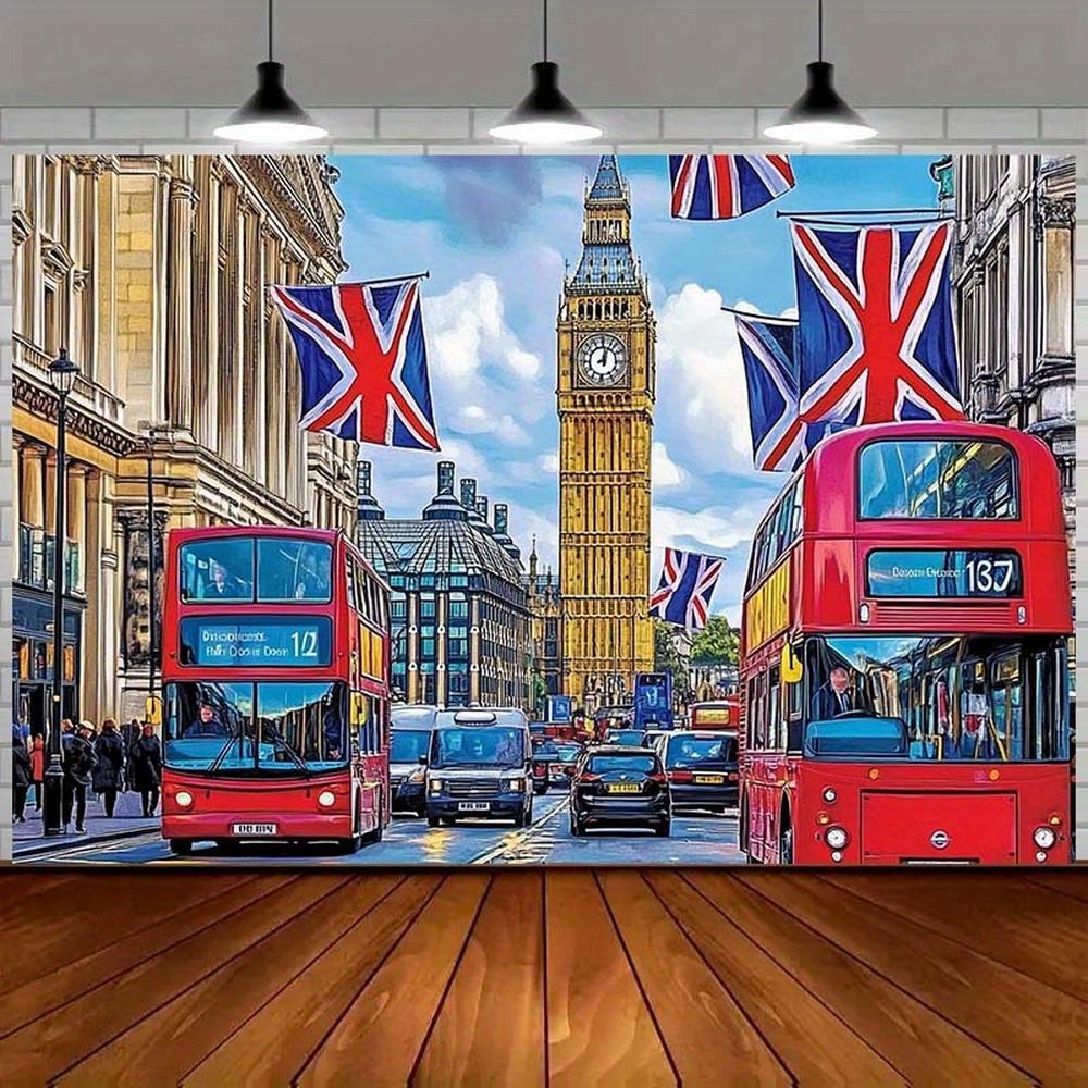 2D Flat British-Themed Party Backdrop Banner, Big Ben, Red Buses & Union Jack Flags Design, Durable Polyester for St. George's Day, Photography Props & Events