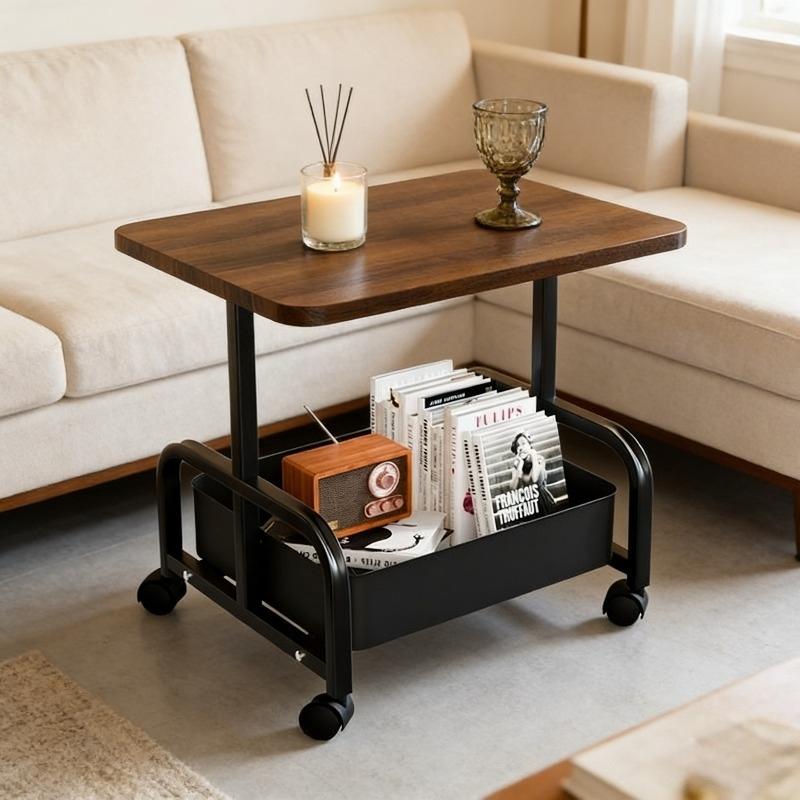 Vintage Style Movable Coffee Table Trolley Side Table, Living Room Sofa Storage Tea Cart with Wheels, Open Double-Layer Storage, Large Capacity, 360° Smooth Casters for Easy Movement