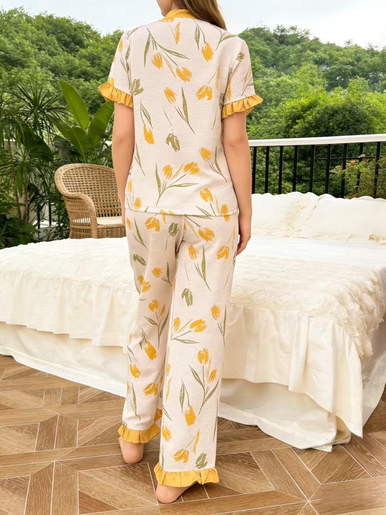 Women's Two-Piece Pajama Set, V-Neck Top + Long Pants, Soft Homewear, Tulip Bubble Wrinkle Sleepwear, Breathable, Spring Fall