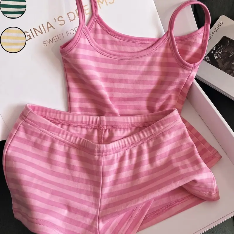 Women's Casual Vacation Striped Camisole Top and Shorts, 2-Piece Set, Sweet Y2K Style, Vintage Set, Summer Loungewear, Everyday Outfits