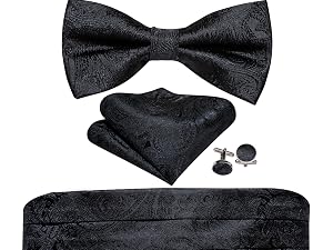 Men Silk Paisley Cummerbund and Pre-tied Bowtie Handkerchief Cufflink Set for Tuxedo