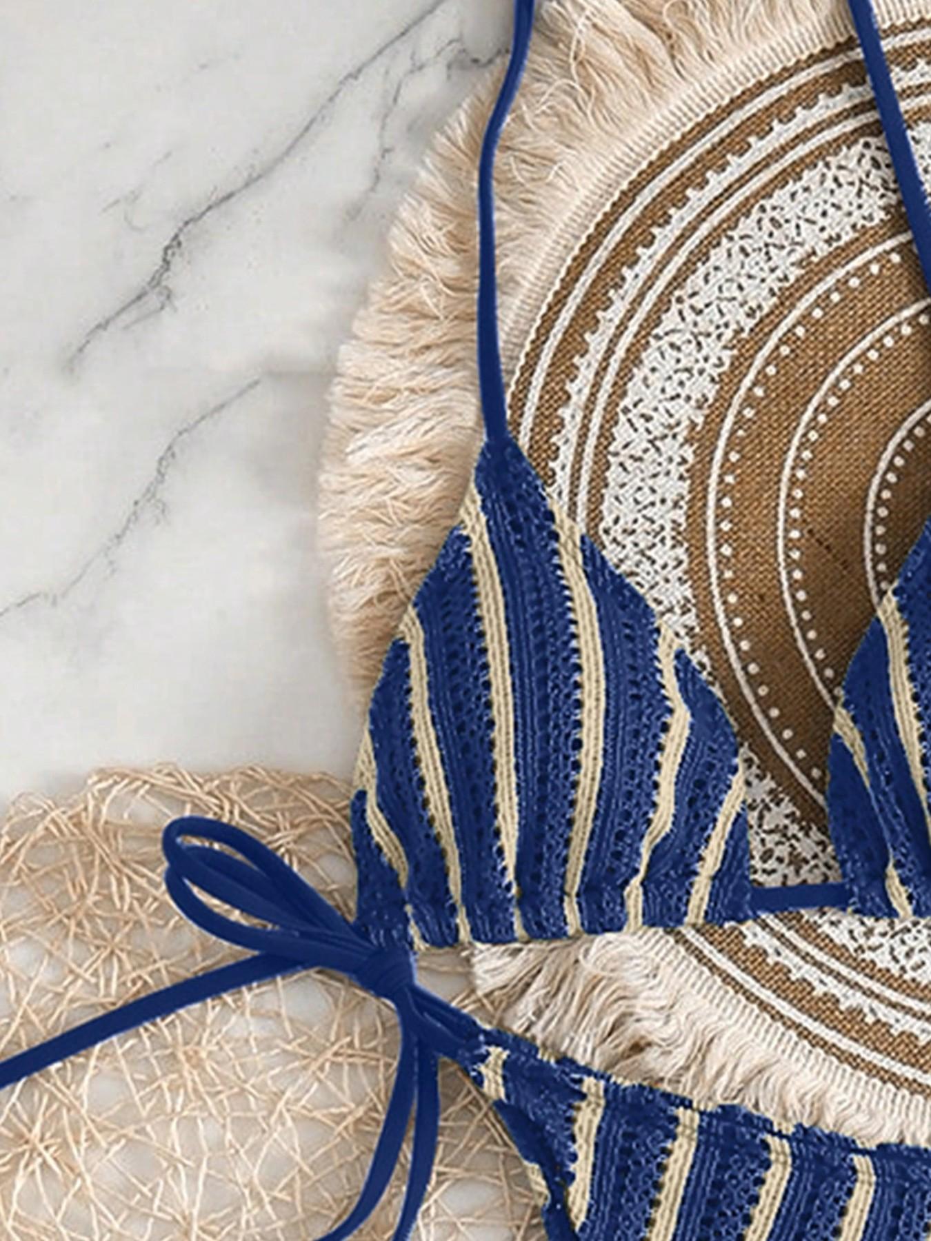 Women's Sweet Spicy Blue Striped Knit Three-Piece Swimsuit Set, High-Waisted Shorts, Sleeveless, Casual Beach Vacation, Halter Bikini Set