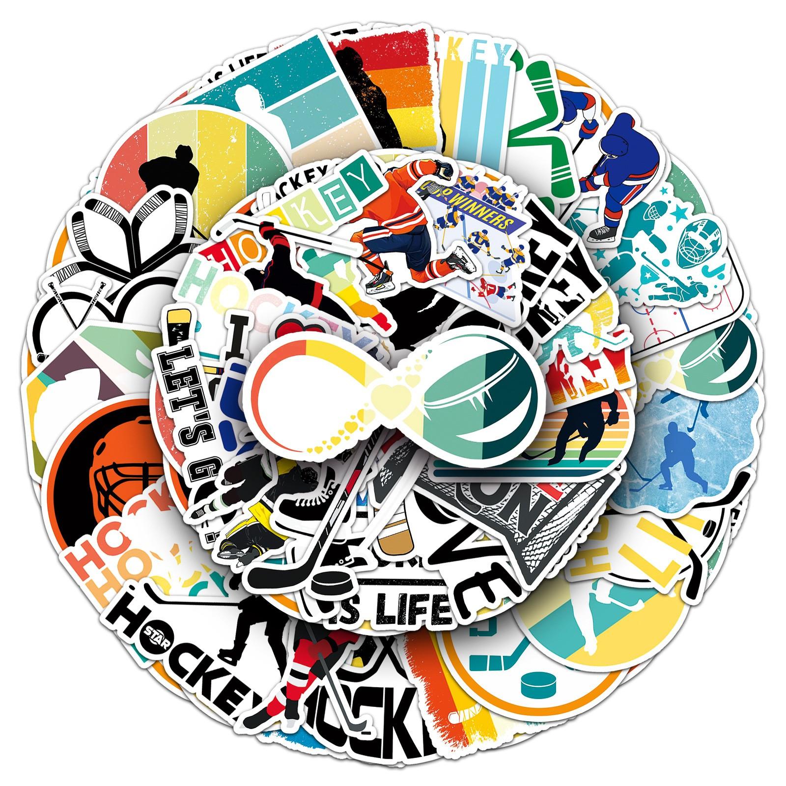 50pcs Hockey Stickers, Sports Themed Vinyl Decals, Waterproof Stickers for Water Bottle Laptop Skateboard Luggage, Hockey Player Stickers Pack for Teens Boys Sports Fans