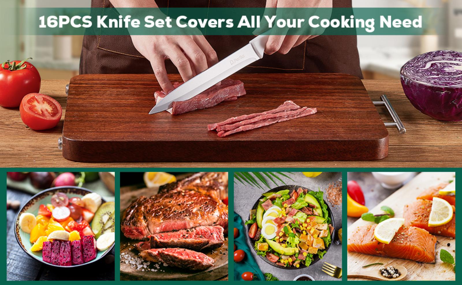 D.Perlla Knife Set Ceramic 16 Pieces White Kitchen Knife Set with Acrylic Stand, High Carbon Stainless Steel, Non Stick Coated Knife Block Set, No Rust, Non Slip Handle, Sharp Knife D.Perlla Knife Set Ceramic 16 Pieces White Kitchen Knife Set with Acrylic Stand, High Carbon Stainless Steel, Non Stick Coated Knife Block Set, No Rust, Non Slip Handle, Sharp Knife