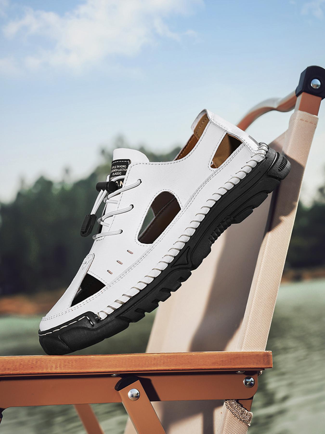 Men's Solid Color Hand-Stitched Closed-Toe Sandals Drawstring Soft Sole Water Shoes Breathable Slip-On Outdoor Beach Shoes