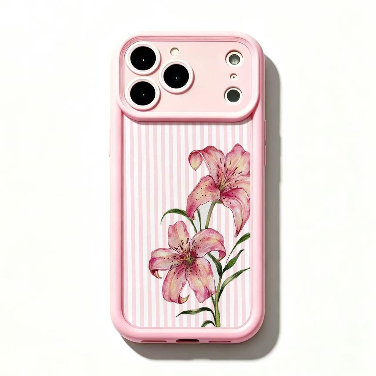 4 Styles Pink Frame Lily Floral Phone Case Watercolor Flower Polka Dot Stripe Botanical Shockproof Protective Cover for iPhone 11 12 Mini 13 Mini 14 15 16 17 Air Pro Max Samsung S26 S25 S24 S23 S22 S21 Gift for Her