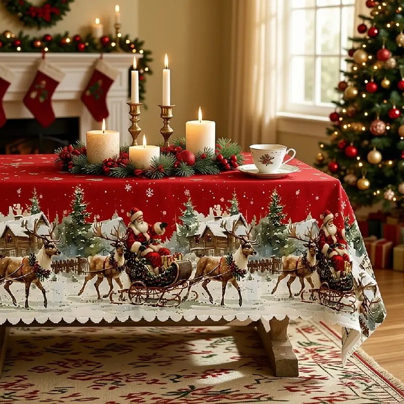 Christmas Santa Sleigh Tablecloth with Reindeer, Snowy Village, Pine Trees and Candle Garland Accents, polyester for Dining Events and Christmas Decor, Machine Washable, Multi-Size, Table Protection, Clearance Sale