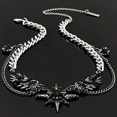 Gothic Wing Detail Black Faceted Stones Double-Layer Cuban-Link Chain Choker Necklace - Adjustable Length, Punk Statement Chain, Unisex Men's/Women's Accessories, Daily Bold Alternative Streetwear Collarbone Jewelry