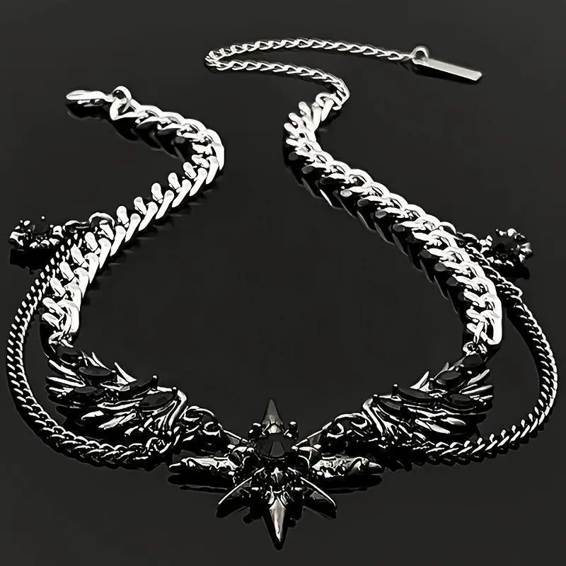 Gothic Wing Detail Black Faceted Stones Double-Layer Cuban-Link Chain Choker Necklace - Adjustable Length, Punk Statement Chain, Unisex Men's/Women's Accessories, Daily Bold Alternative Streetwear Collarbone Jewelry