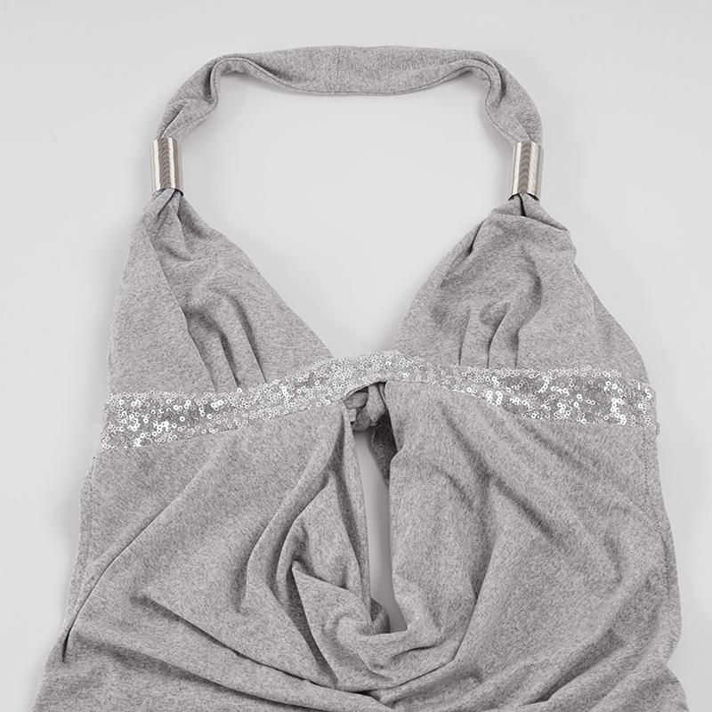 Women's Sexy Party Style Gray Backless Halter Dress, Deep V Neck Tie-back Bodycon Short Skirt, Perfect for Nightclubs and Parties