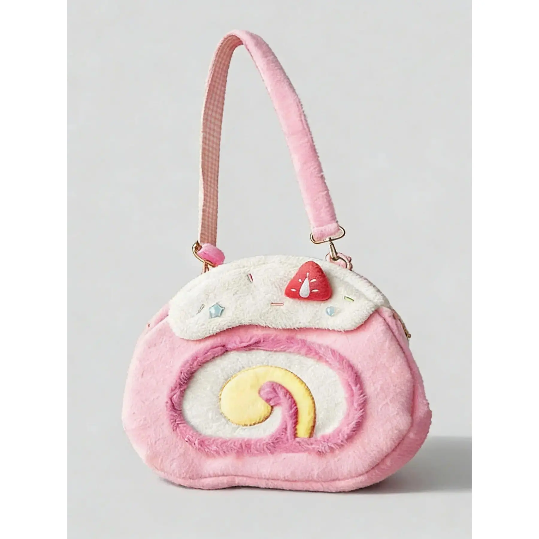 Women's Plush Cake Roll Shoulder Bag - Strawberry Frosting Design, Gradient Heart Shape, Crossbody Handbag Purse for Daily Street Style & Dating Outfits, Party, Casual