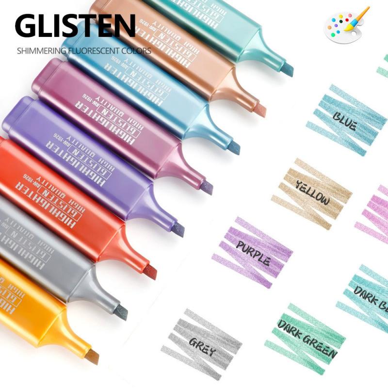 Glitter Highlighters Set 8Pack Subtle Colors with Chisel Tips, Flexible Line Width and Smudge-Proof Water-Based Ink for Sparkling Note-Taking,Cute Markers, Coloring Supplies
