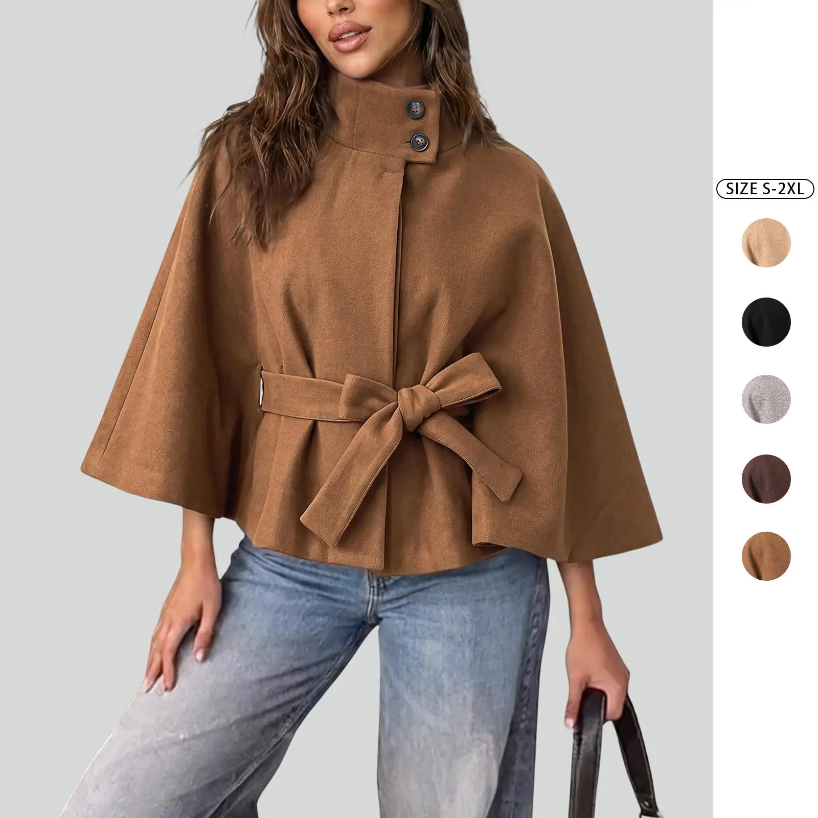 Imily Bela Women's High Neck Belted Cape Coat Cropped Wool Blend Cloak Jacket Fall Outerwear