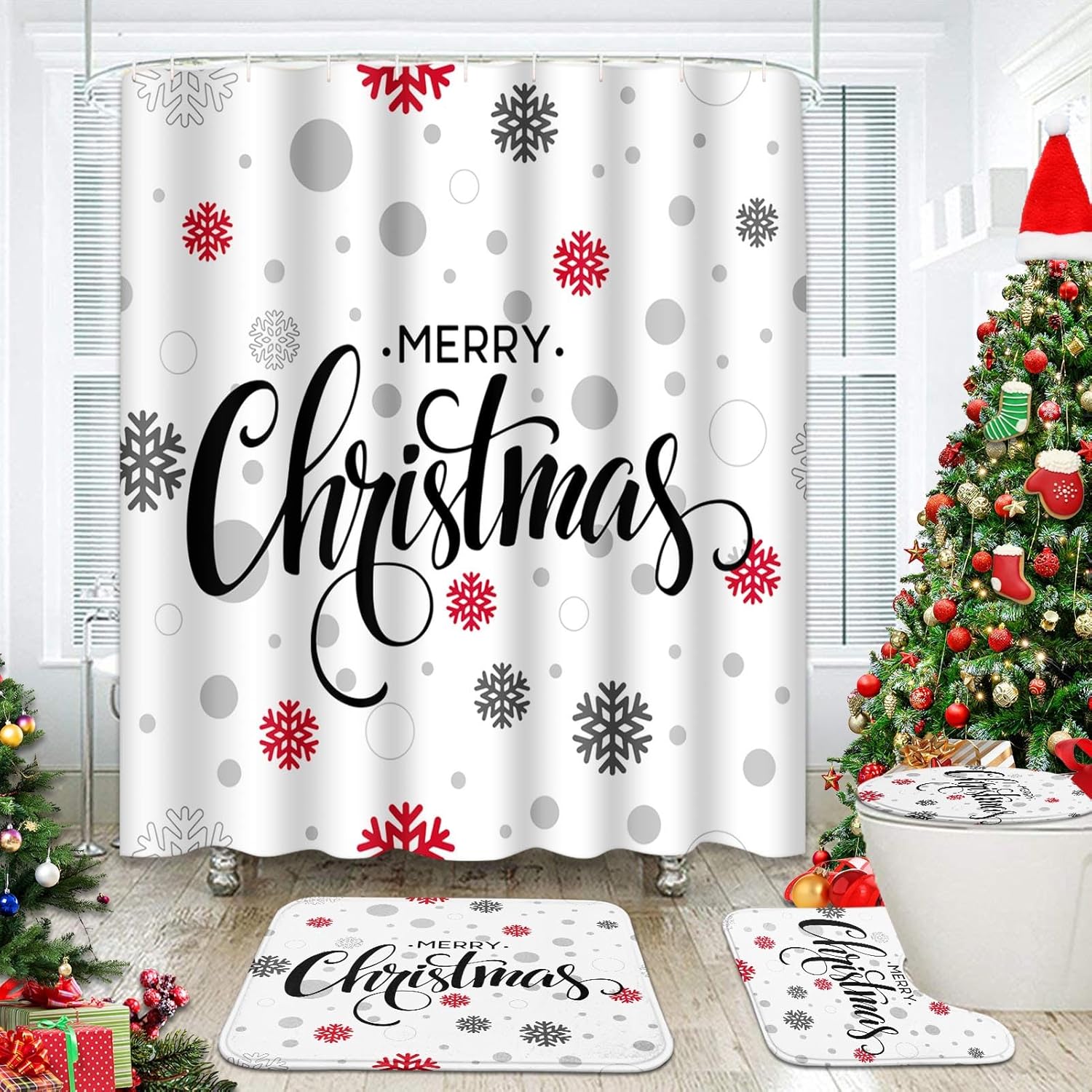 4 Pcs Shower Curtain Set Merry Christmas Happy New Year with Non-Slip Rugs Toilet Lid Cover and Bath Mat Bathroom Decor Set
