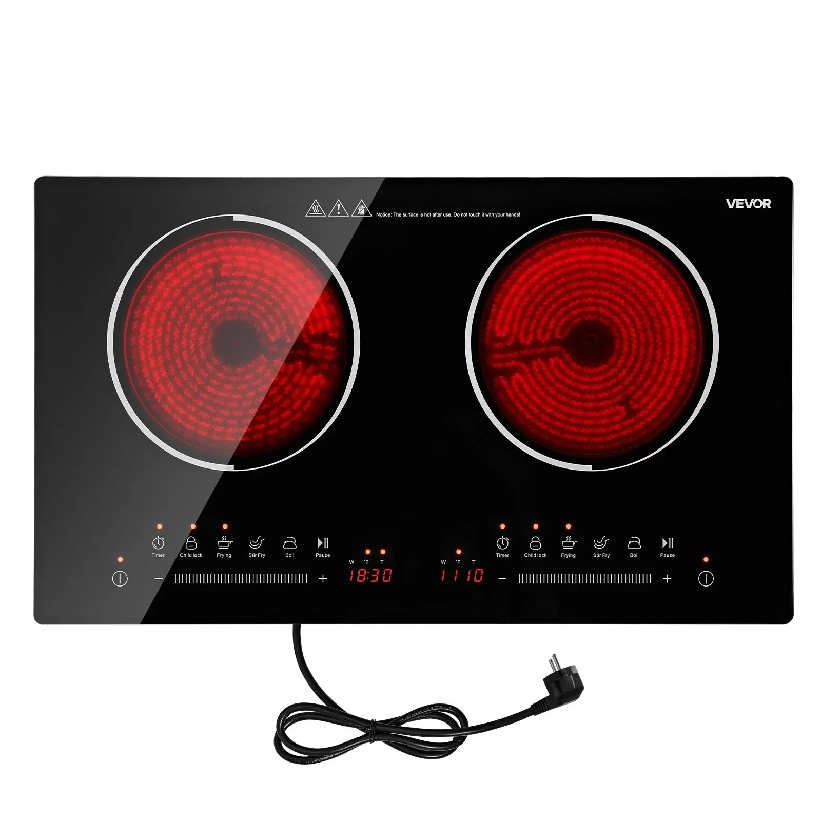 VEVOR 24 In Ceramic Top Electric Cooktop, 2-Burner Portable/Built-in Radiant Stove with 1800W Max, 120V, 9 Power Levels, Timer, Child Lock, Over-Heat Guard, Touch Control, Modern Sleek Design