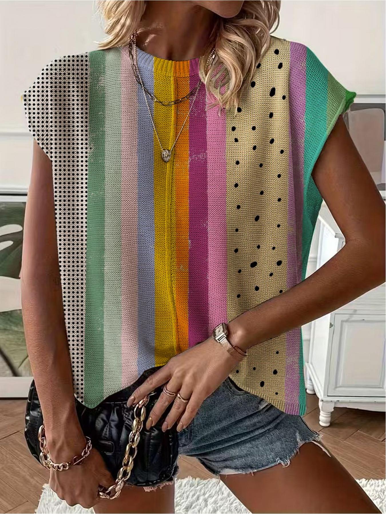 Spring/Summer crew neck drop-shoulder loose fit contrast stripe splicing print short-sleeve women's knit top, vacation style, casual elegant commute, ladies short-sleeve knit top, bikini cover-up.