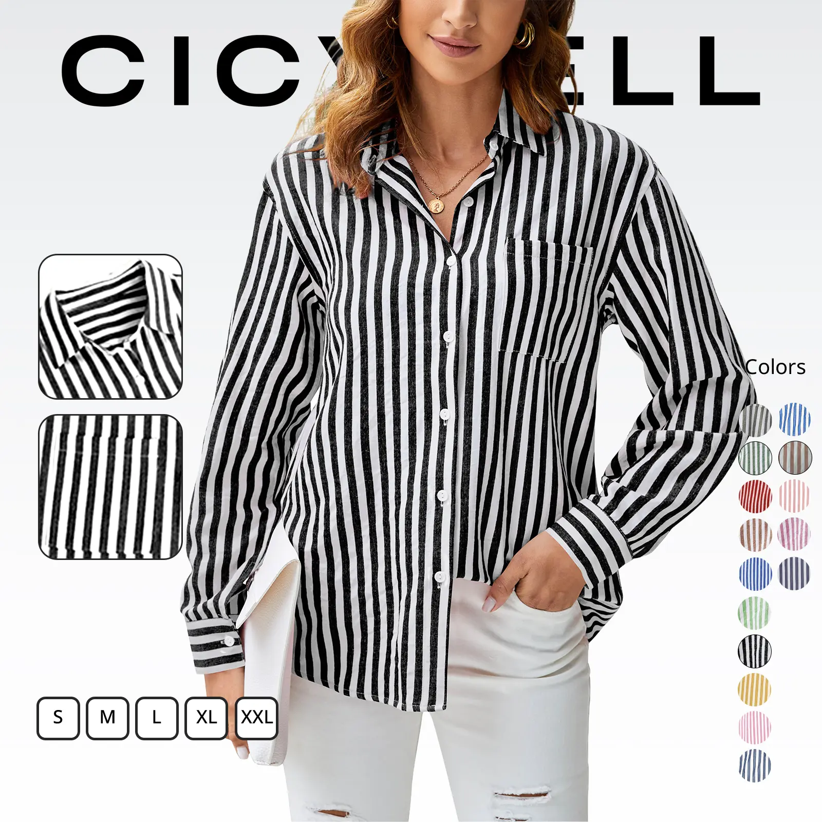 Cicy Bell Women's Blouses Striped Long Sleeve Shirts Button Down Loose Fit Casual Tops Womenswear Breathable