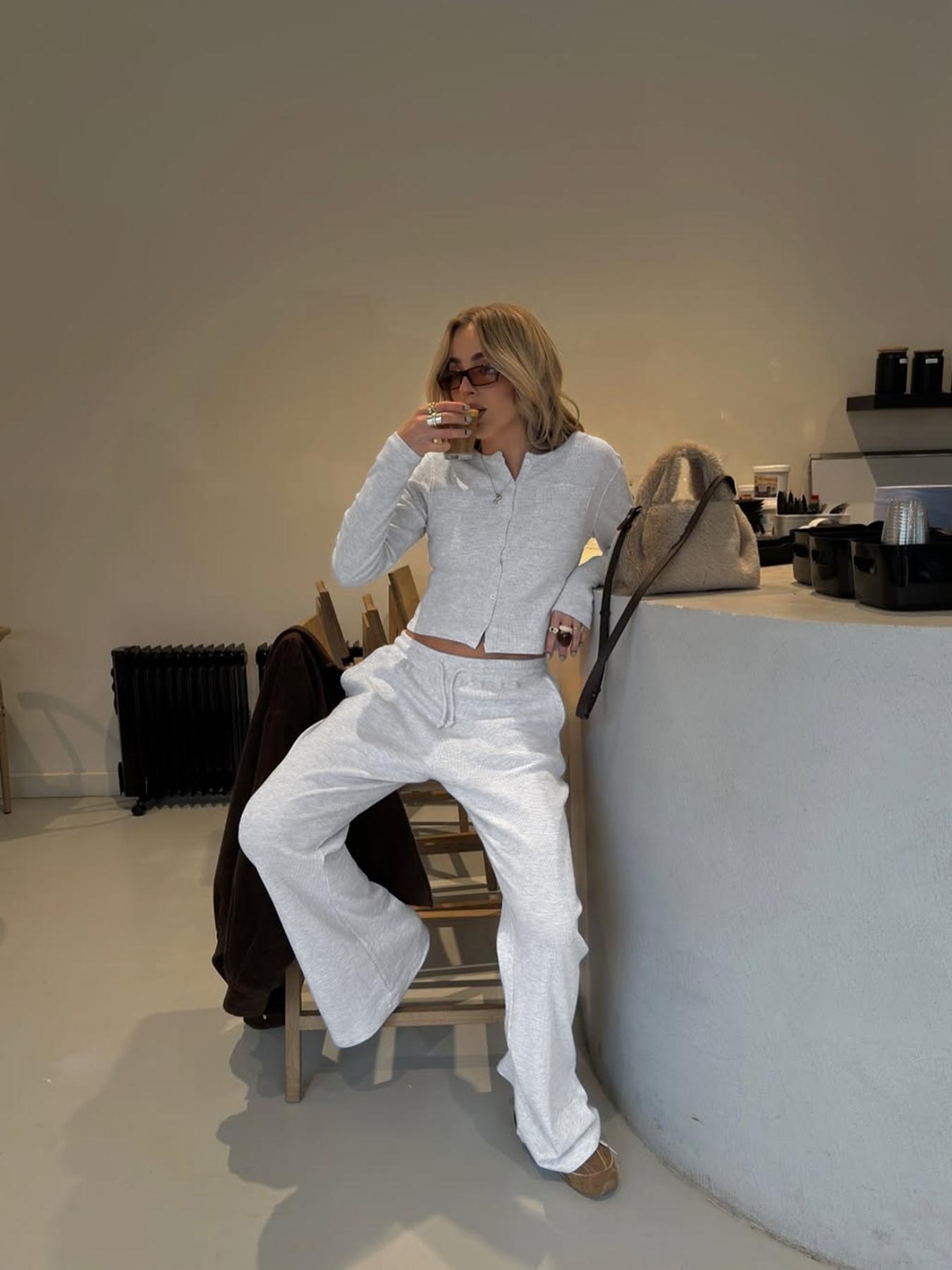 Women's Casual Slim Fit Long Sleeve Crop Top & Pants Set, Solid Color Two-Piece for Fall Season, Comfortable Fitted Clothing Ensemble