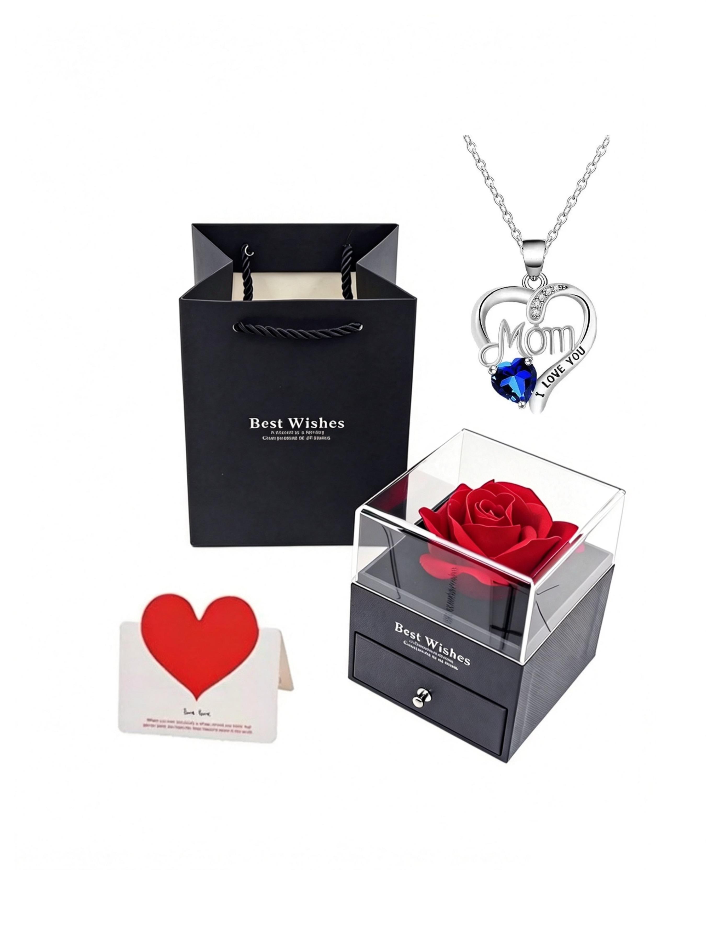 Mother's Day Gift Set, Heart-Shaped Ruby Necklace, Rose Flower Pendant, Elegant Jewelry Box, Express Love to Mom, Perfect Mother's Day Present