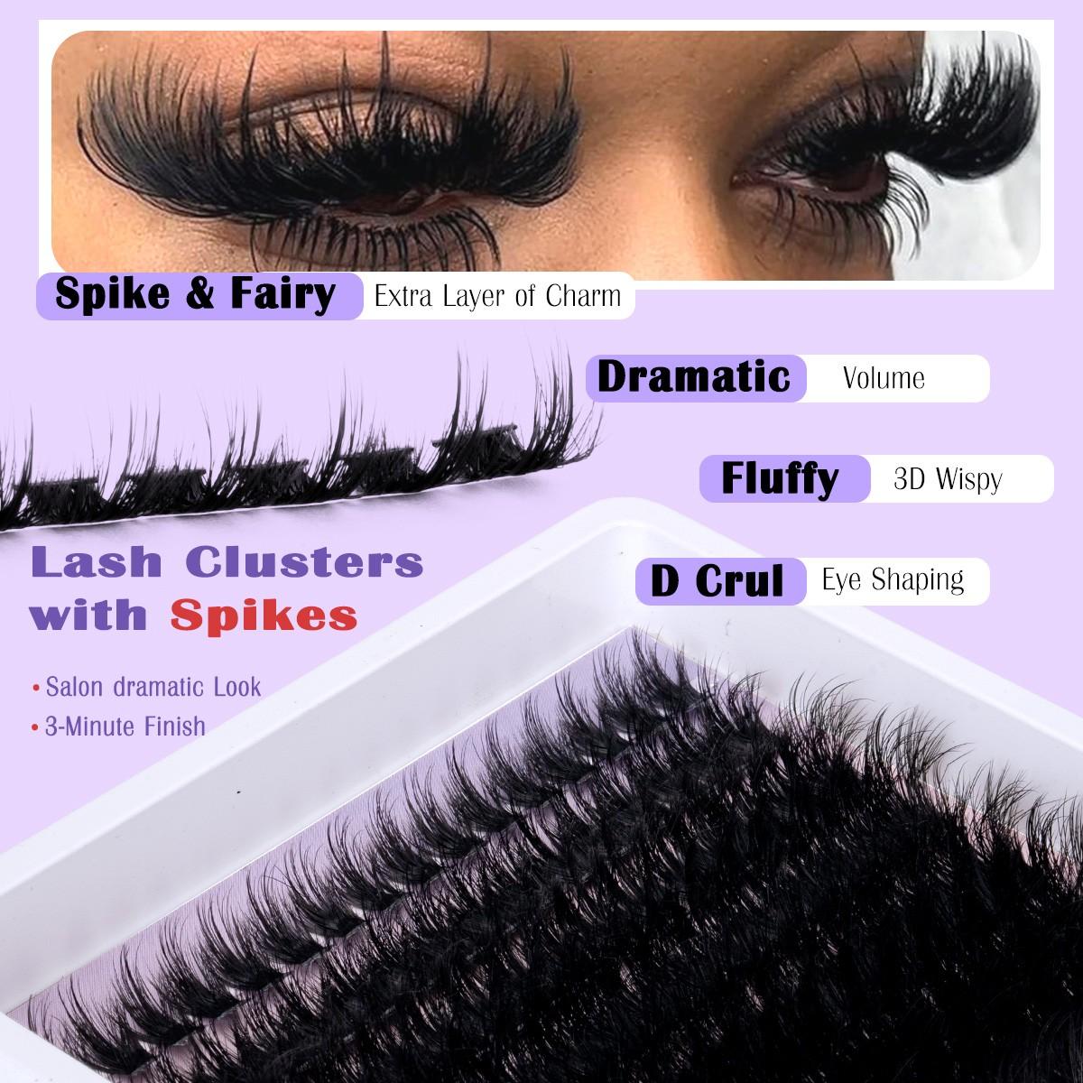 Dramatic Lash Clsusters Kit, Lash Ciusters with Spikes, Dense Eyelash Clusters Kit, Natural Eyelash Extension Kit, Thin Band Individual Lashes Kit with Bond & Seal & Glue Remover & Tweezer DIY at Home