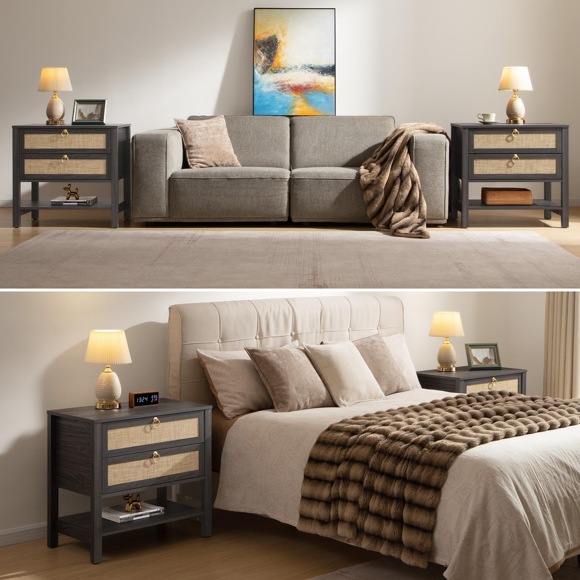 SICOTAS White Night Stand with Drawers and Storage Shelf - 15.5" x 26.7" x 25.6" Size Large Nightstands Rattan Decor Boho Bedside Table Narrow Side Table for  Small Space Bedroom Living Room Office, Ample Storage