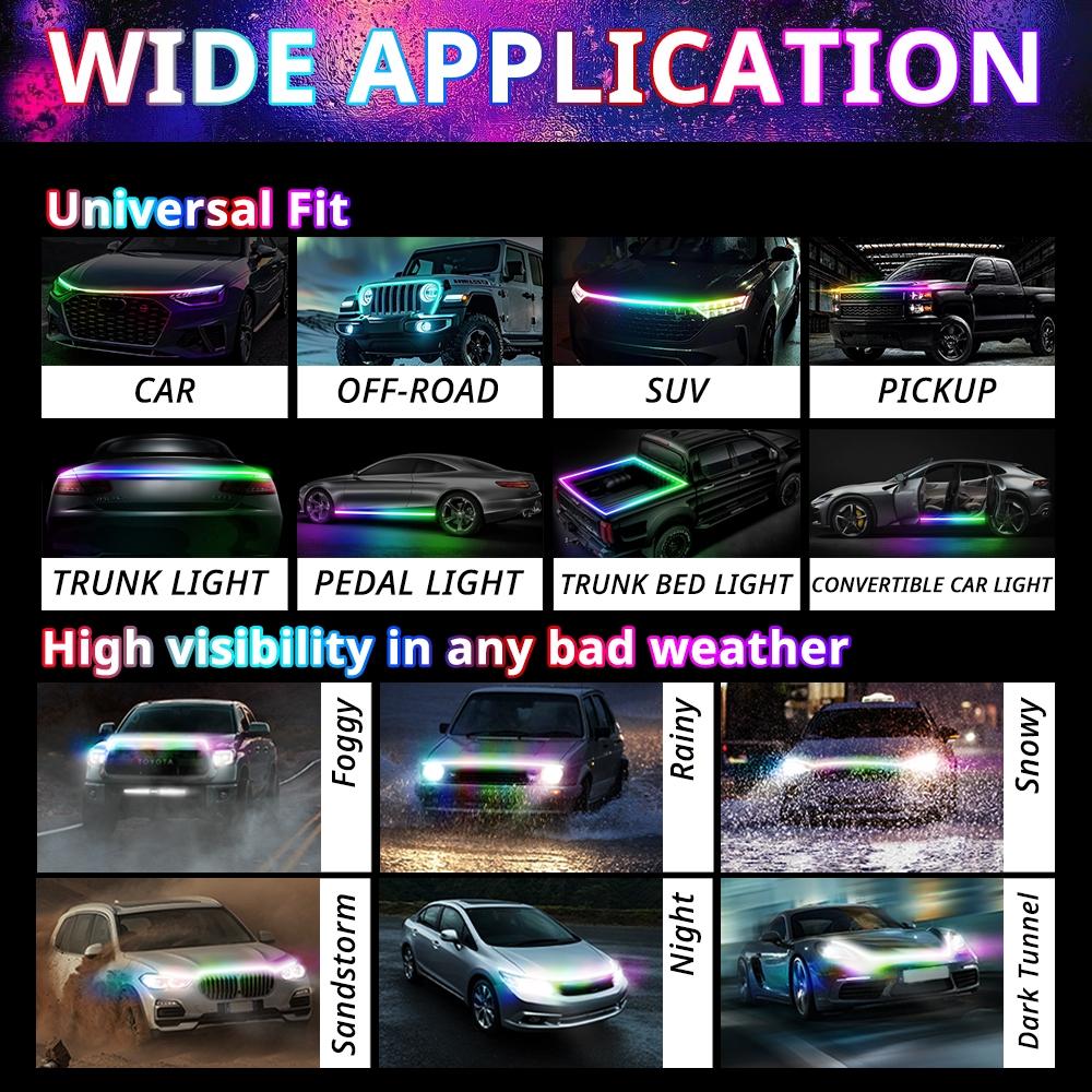 APP-Controlled RGB Dynamic LED Car Hood Light Strip, 1 Count Dynamic Scan Start Up Light Strip with Instruction & Remote Controller, Waterproof Flexible Car Lights, LED Car Ambient Light