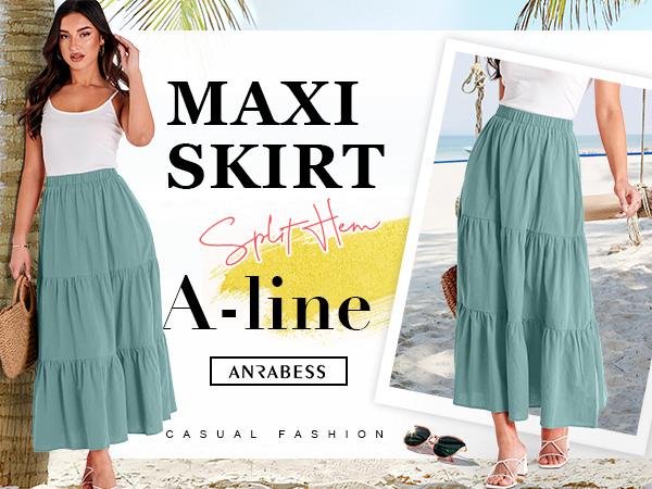 ANRABESS Women’s Summer Boho Elastic Waist Pleated A-Line Flowy Swing Tiered Long Beach Skirt Dress with Pockets