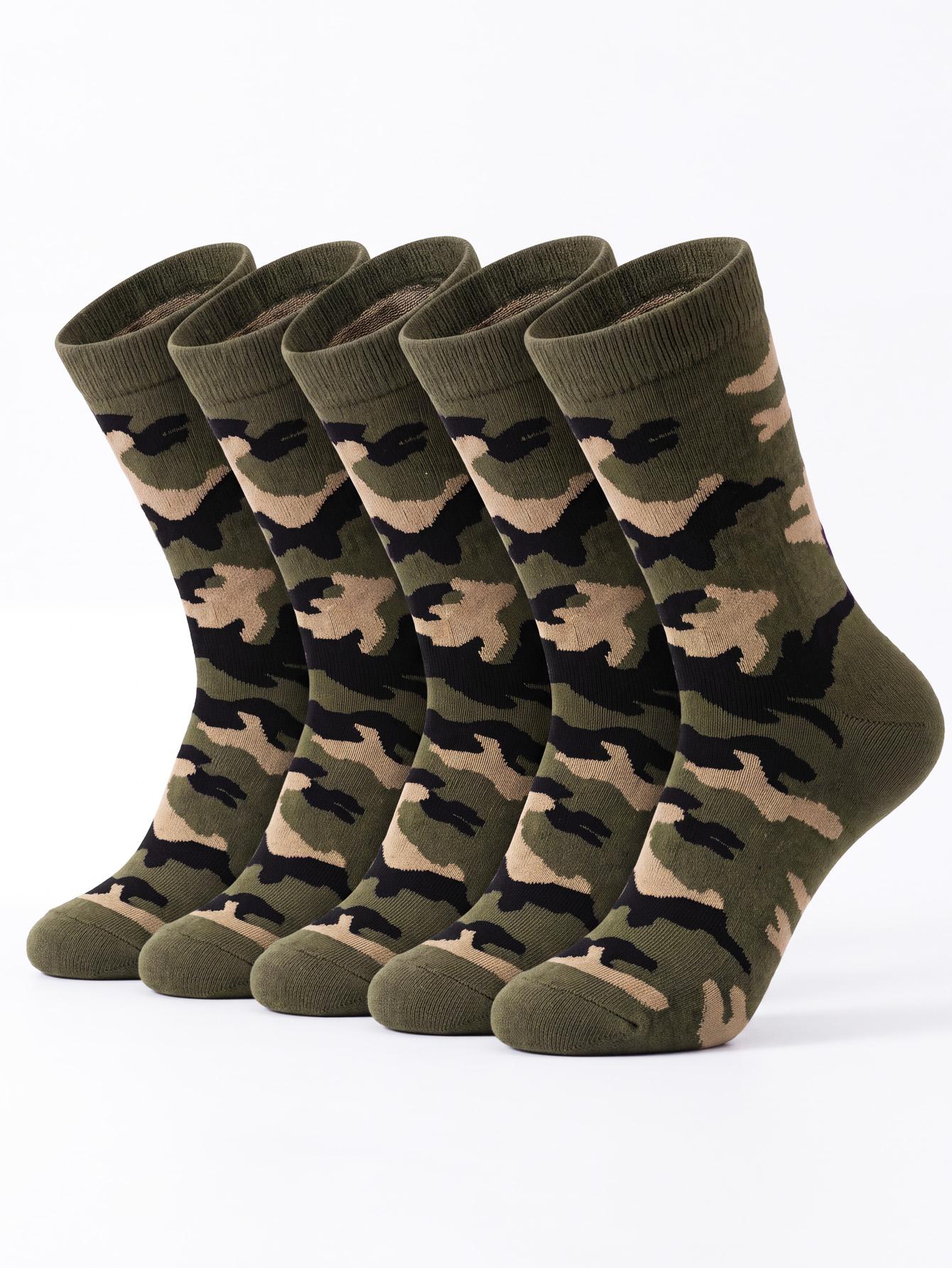 5 Pairs Men's Camouflage Pattern Durable Comfortable Crew Socks, Breathable Classic Sports Socks for Outdoor Hiking Work Daily Wear, Gift Idea