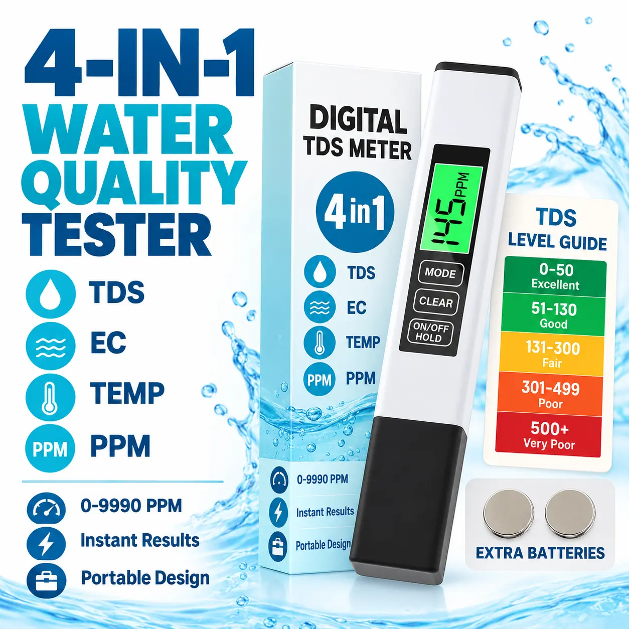 Multi-Function Digital Water Testing Device, 0-9990 PPM TDS Meter with EC & Temperature Detection, Battery Operated Portable Analyzer for Checking Tap Water, Filter Systems and Swimming Pools