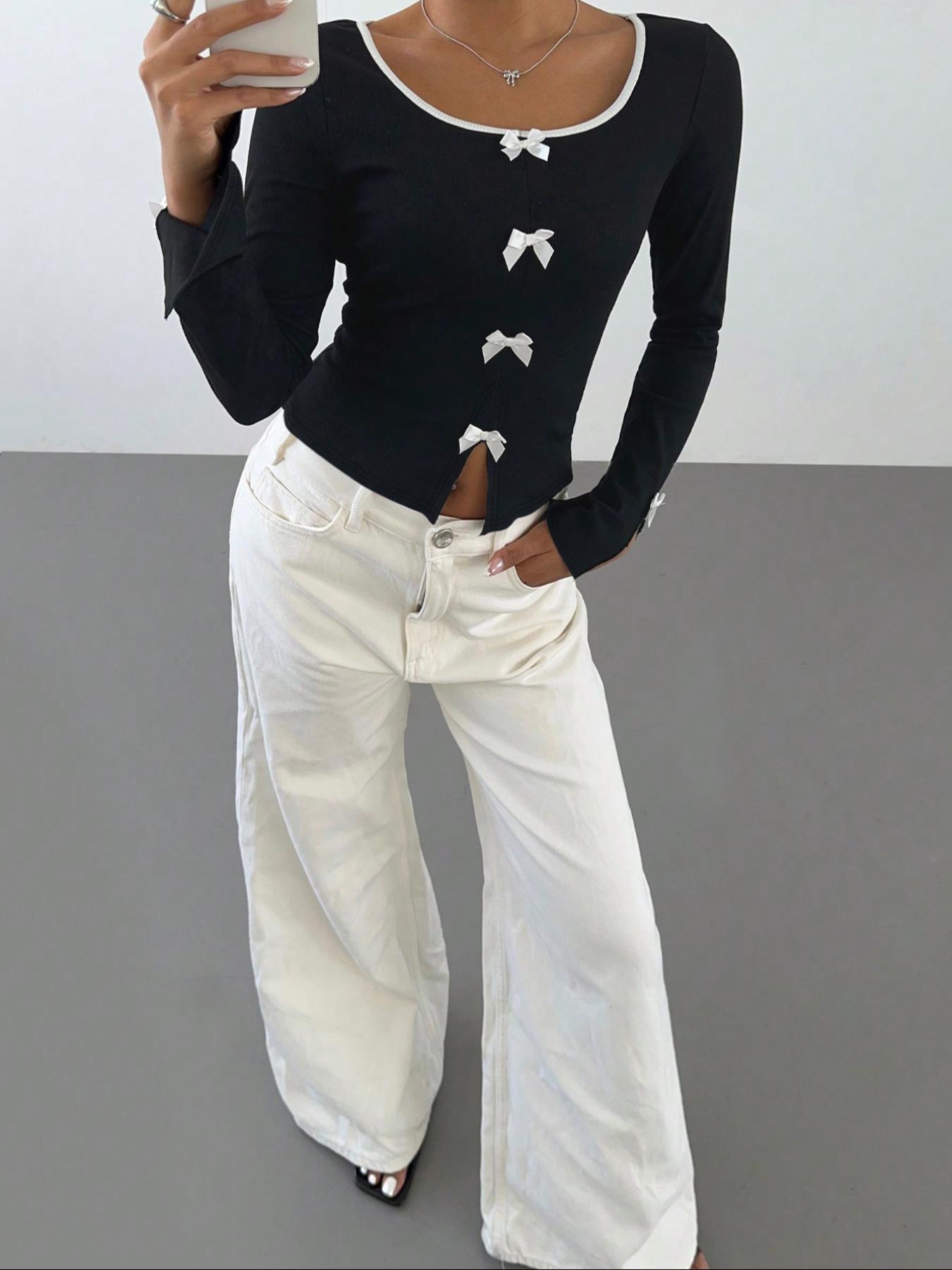 Elegant Bowknot Decorated Slim-Fit Knitted Long Sleeve Top, Stylish Women's Fashion Pullover for Casual Wear, Perfect for Fall & Winter Seasons