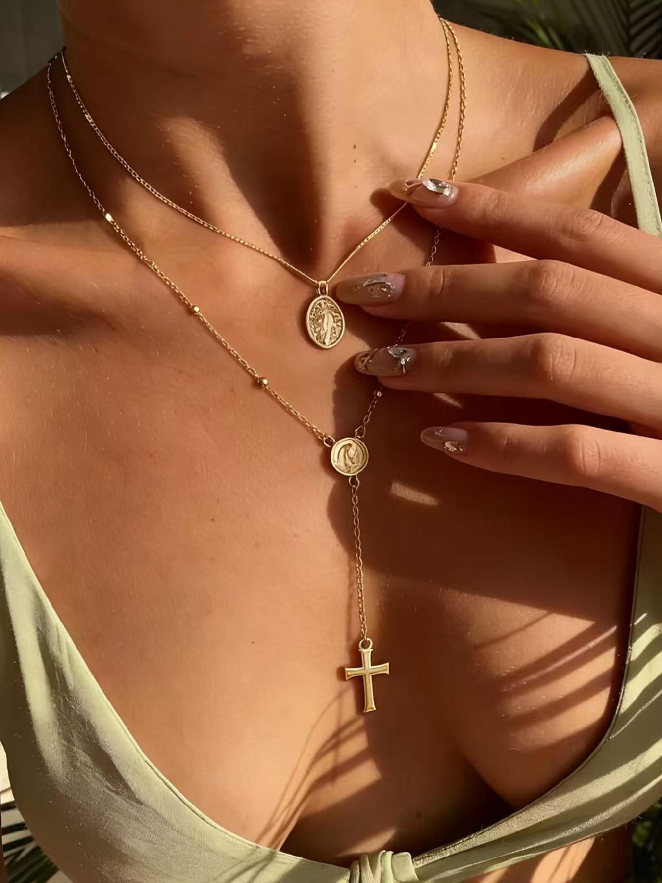 Pattern Disk Cross Pendant Saturn Chain Y Necklace Set 2pc, Elegant Jewelry Gift for Women, Unique Design Fashion Accessory