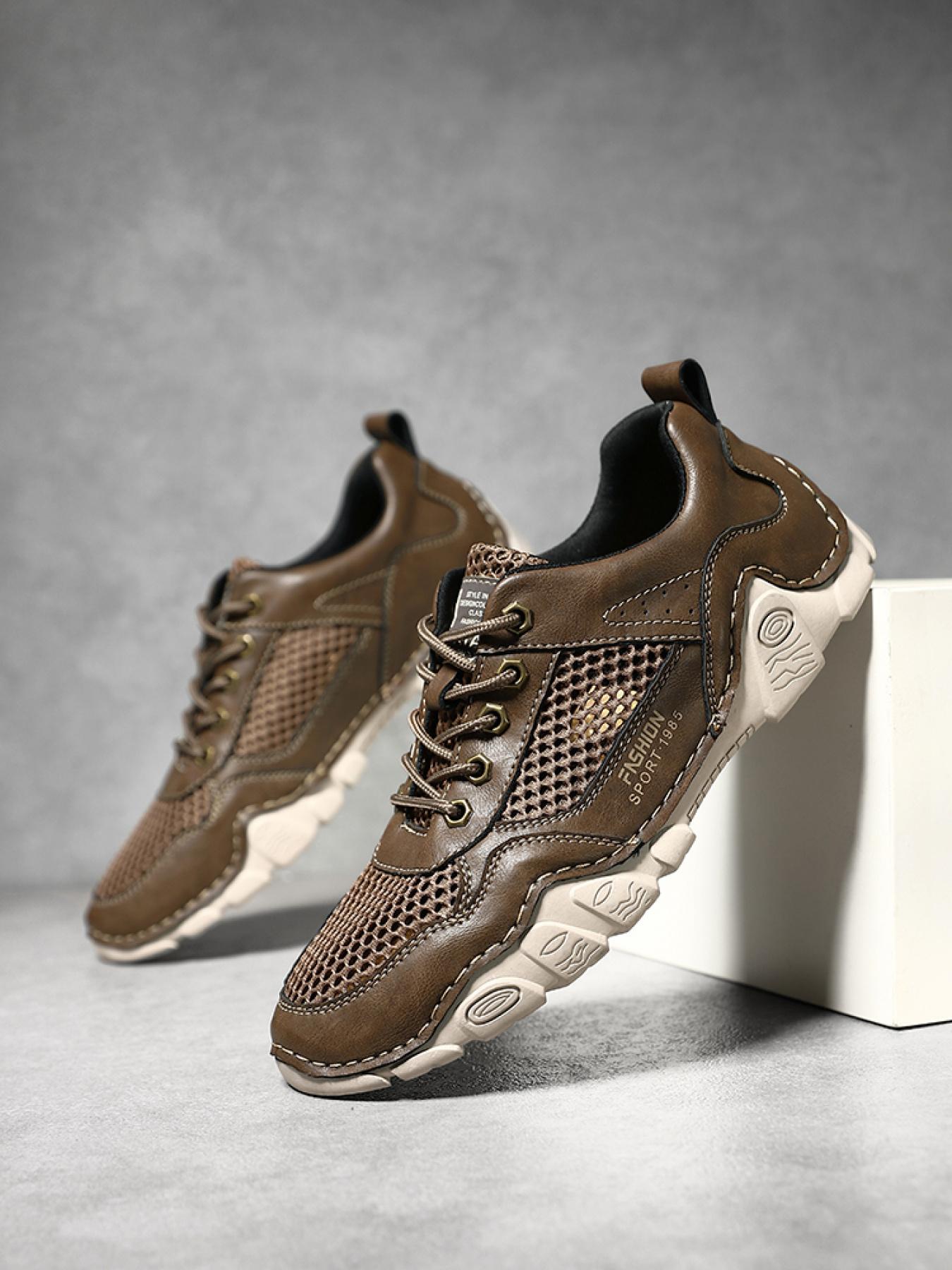 Men's Solid Color Mesh Patchwork Casual Sneakers, Hand-Stitched Thick-Soled Non-Slip Hiking Shoes, Trendy Versatile Breathable Dad Shoes