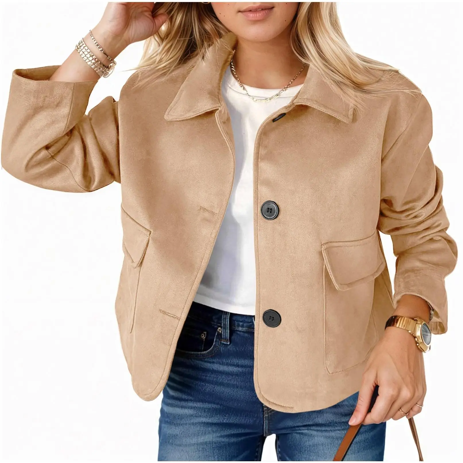 TANKANEO Women's Basic Faux Suede Cropped Shacket - Vintage Long Sleeve Button-Down Tops, Leather-Inspired Thanksgiving Business Jackets & Coats Outerwear