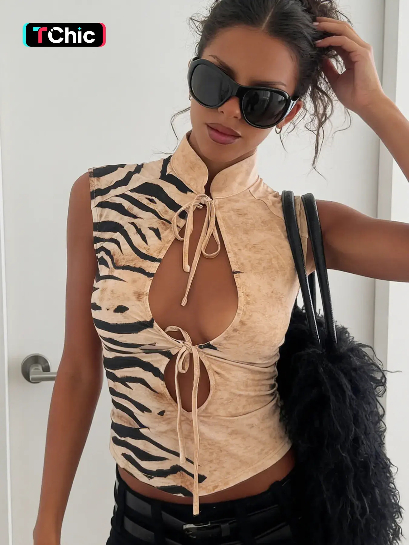 Women's Sexy Leopard Print Hollow Out Knot Tight-Fitting Short Top, Summer Party Style Casual Knit Shirt Without Zipper, Cropped Tank Tops, Crop Cami Top, Cropped Sleeveless Cami, Camisole Tank Tops, Womenswear