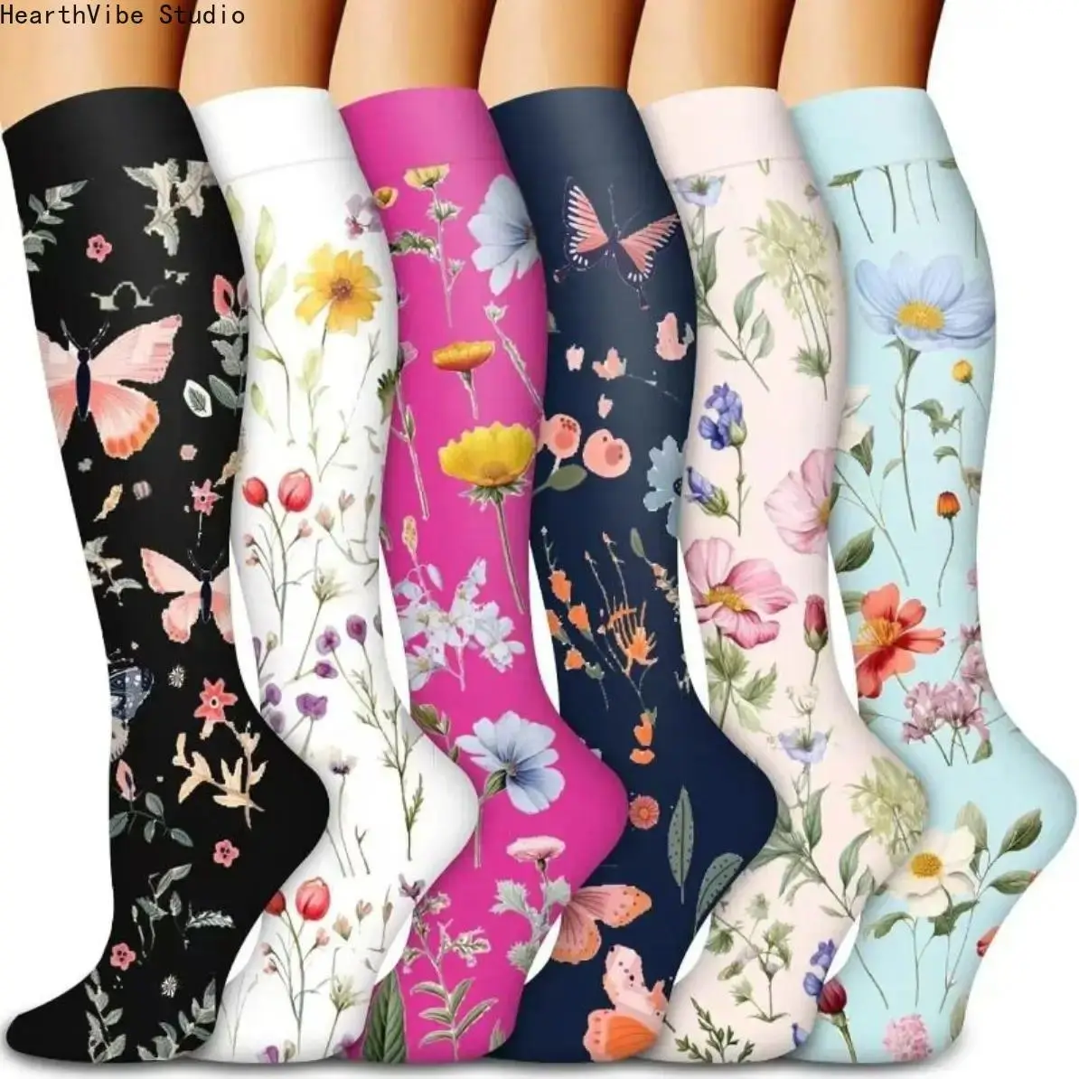 Women's 6-Pack Knee High Graduated Compression Socks - Lightweight, Breathable, Quick Dry Athletic Stockings for Running, Travel, Nursing