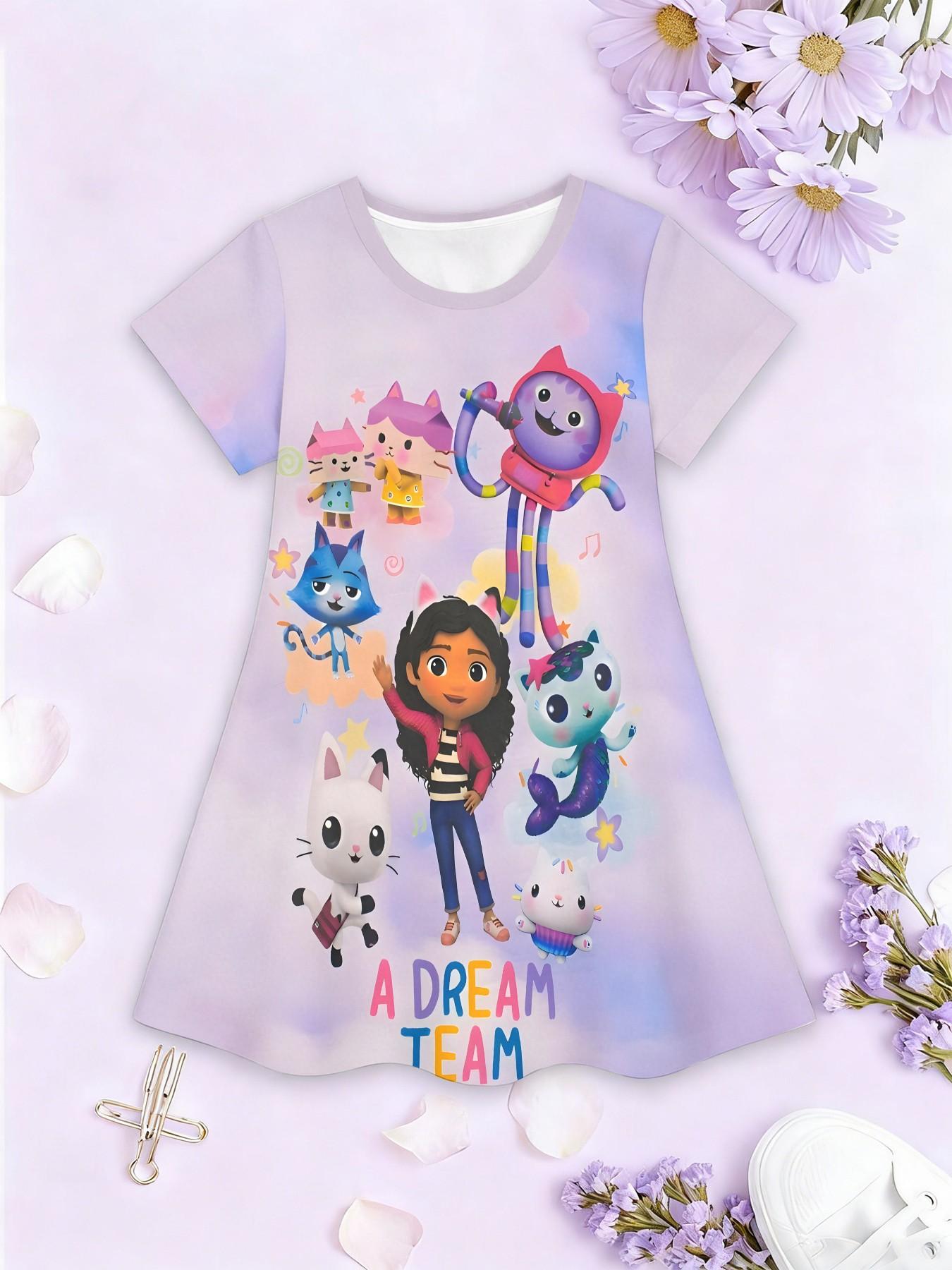 Girls' Base Gabby Team Full Print Dress, Cartoon Dream Team Short Sleeve A-Line Dress, Summer Casual Dress, Birthday Gift, Festival Gift