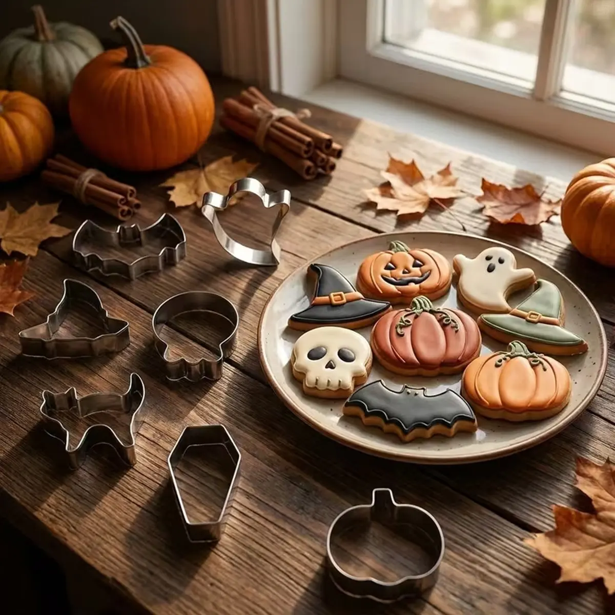 5/7pc Halloween theme 430 stainless steel biscuit mould set (including bat, ghost, witch hat, skull, black cat, coffin and pumpkin biscuit cutter) has two sets to choose from. diy home baking and Halloween theme parties can be used to cut dough, sugar, ch