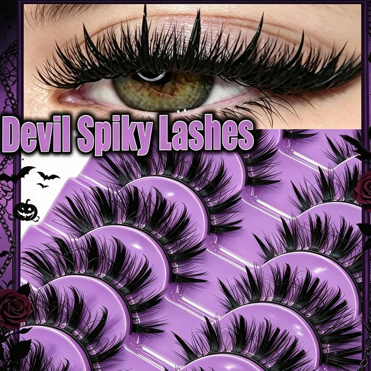 10 Pairs Gothic Devil Spike False Eyelashes, Dark Color Comic Lashes for Cool Girls, Reusable Halloween Cosplay Party Stage Makeup, Fancy Lashes