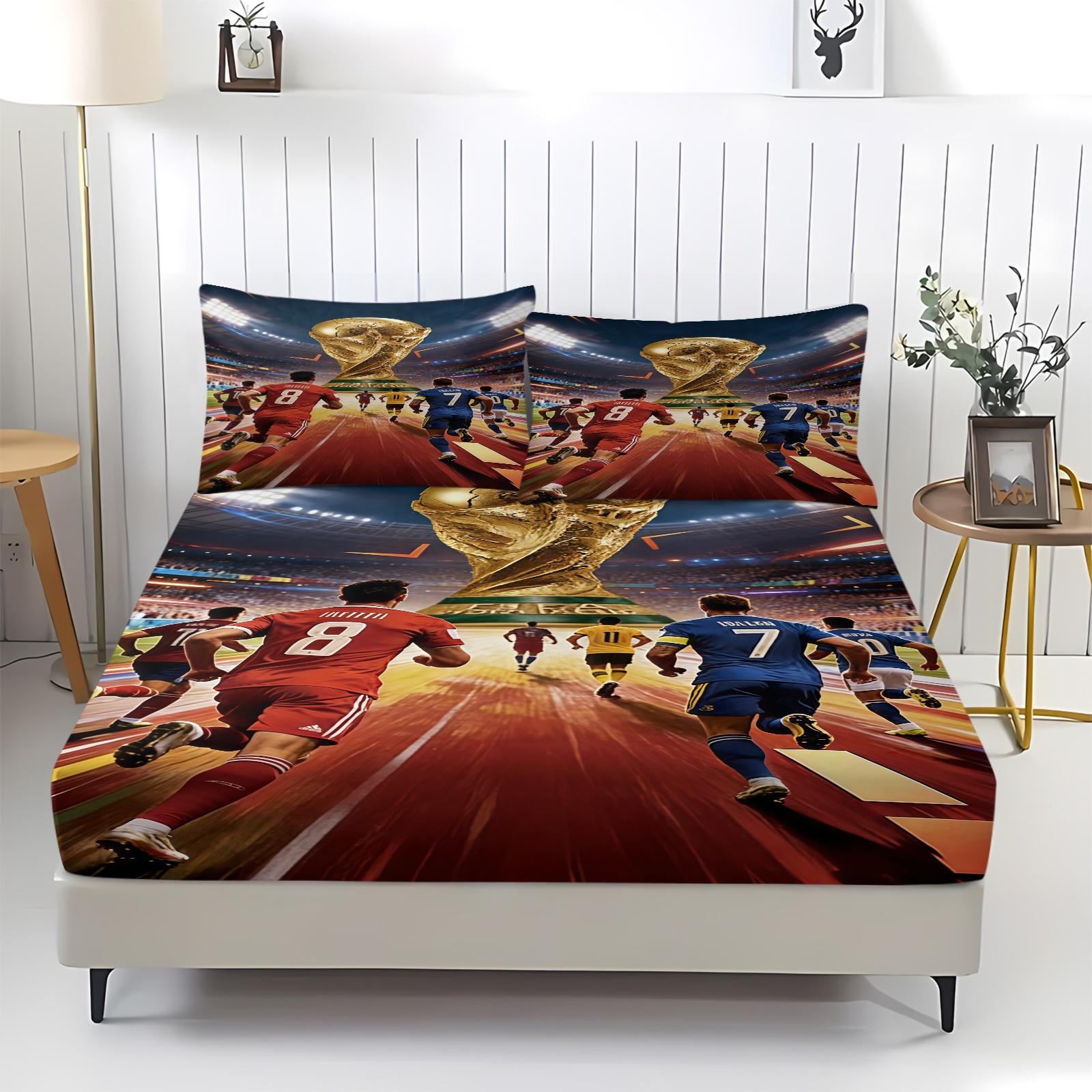 3-Piece World Cup Pattern Fitted Sheet Set, Soft And Durable Bedding Set, Including 1 Piece Flat Sheet And 2 Pieces Pillowcases, Daily Holiday Birthday Gift Bedroom Decorations For Kids And Adults